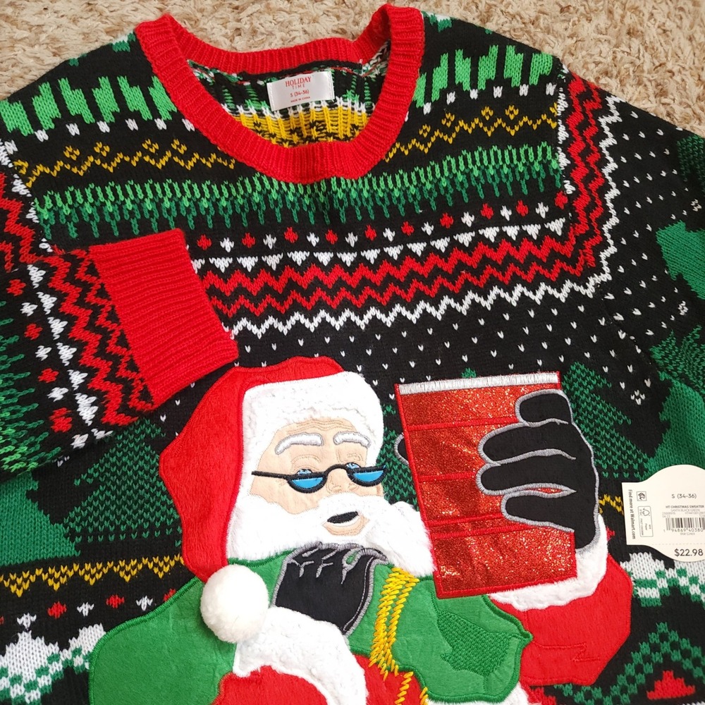 Holiday Time Ugly Christmas Sweater Mens Small Black Santa Red Cup Chimney NWT